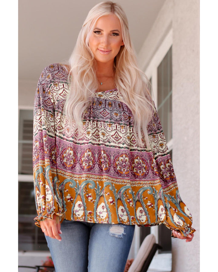 Azura Exchange Boho Print V Neck Bubble Sleeve Blouse - S