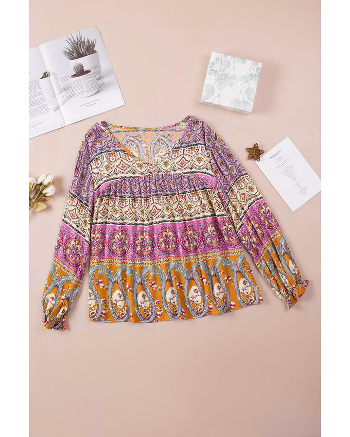 Azura Exchange Boho Print V Neck Bubble Sleeve Blouse - S