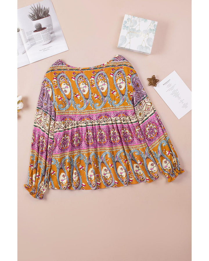 Azura Exchange Boho Print V Neck Bubble Sleeve Blouse - S