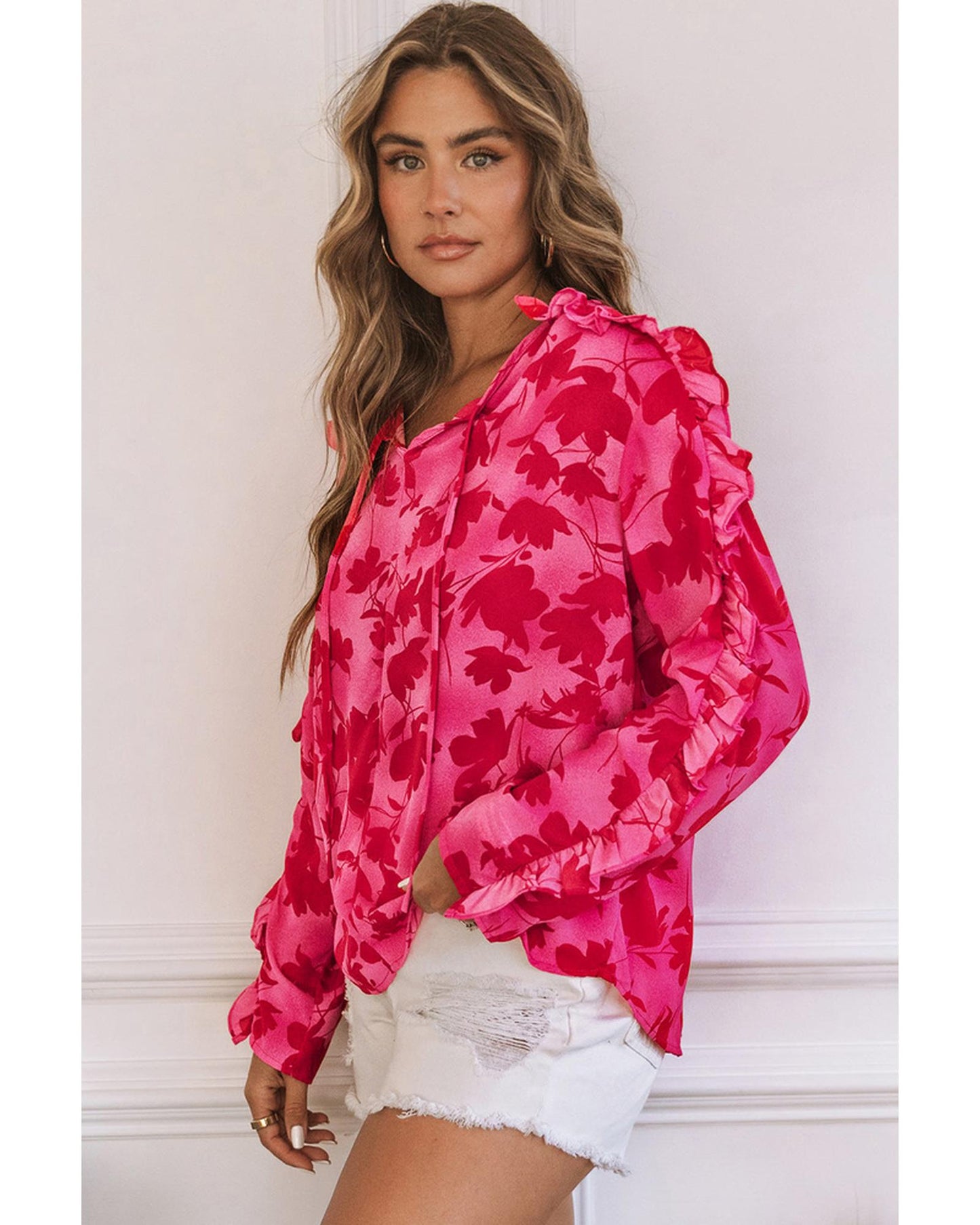 Azura Exchange Ruffled Floral Print Blouse - S