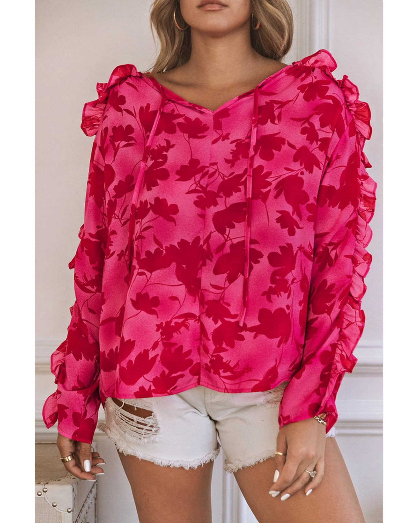 Azura Exchange Ruffled Floral Print Blouse - S