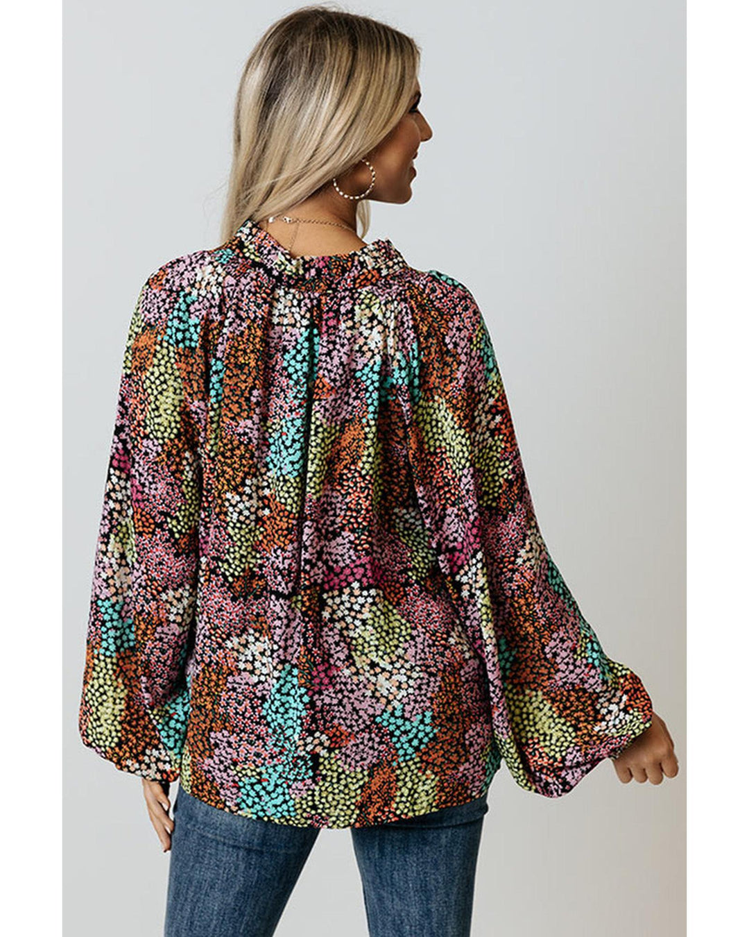 Azura Exchange Vibrant Floral Tie V Neck Puff Sleeve Blouse - L