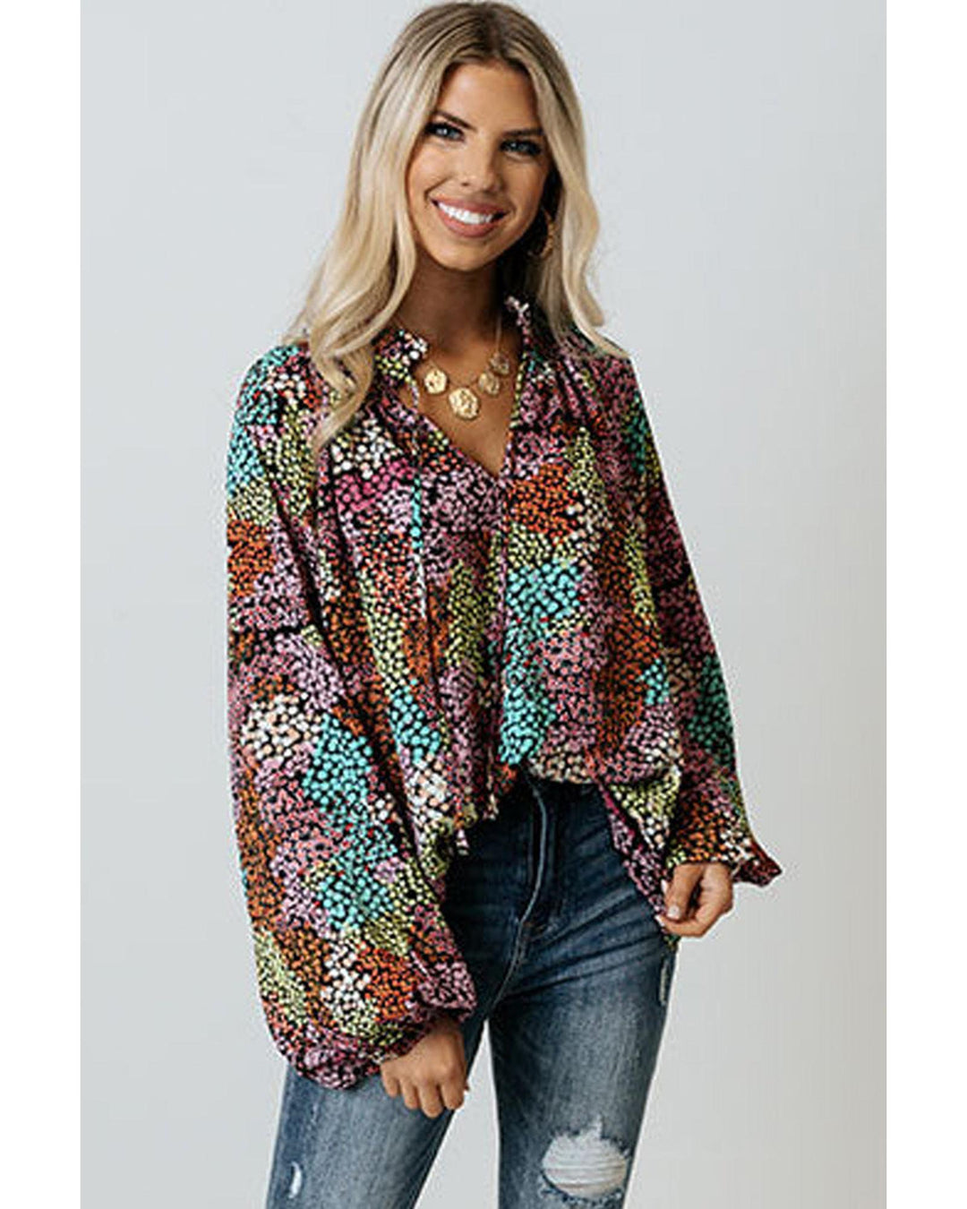 Azura Exchange Vibrant Floral Tie V Neck Puff Sleeve Blouse - L