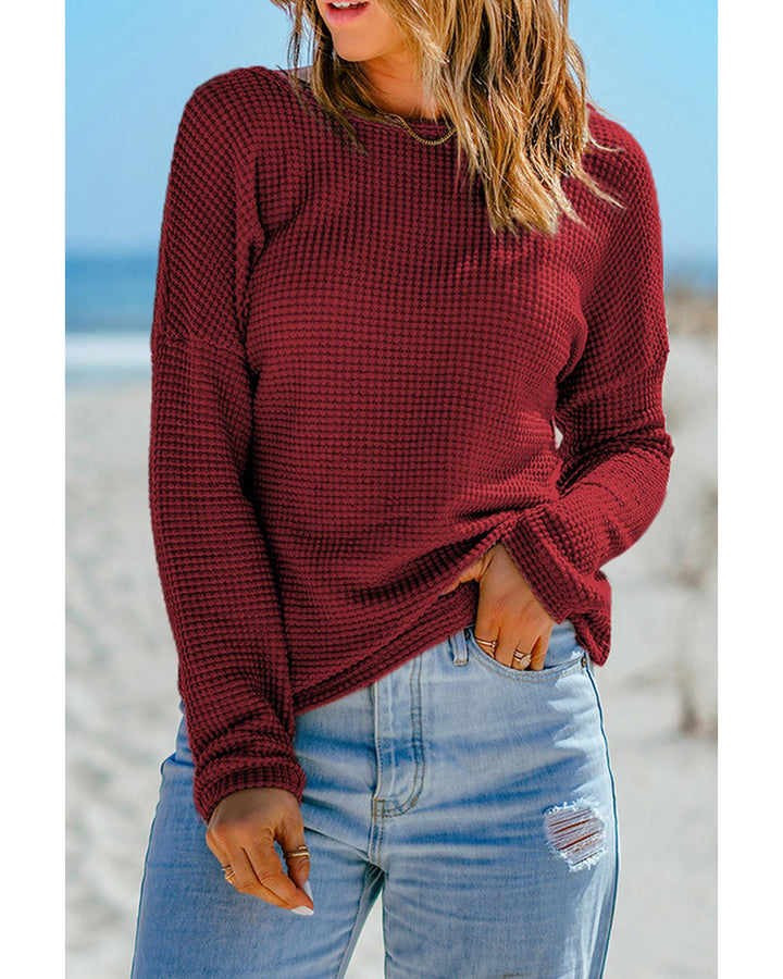 Azura Exchange Waffle Knit Drop Shoulder Long Sleeve Top - M