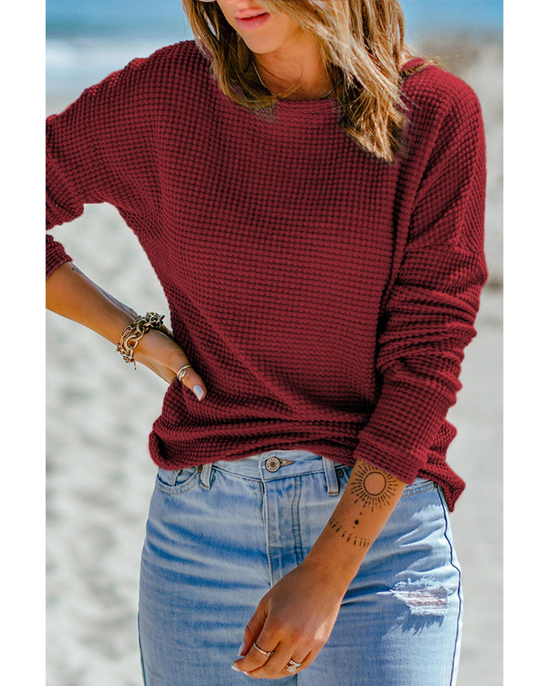 Azura Exchange Waffle Knit Drop Shoulder Long Sleeve Top - M