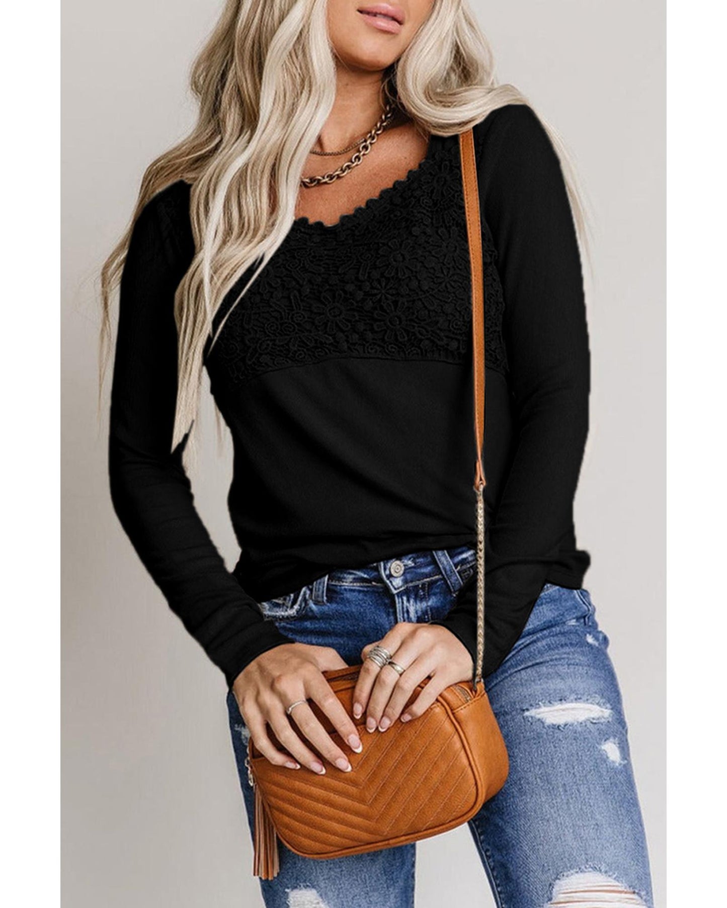 Azura Exchange Lace Crochet V Neck Top - L