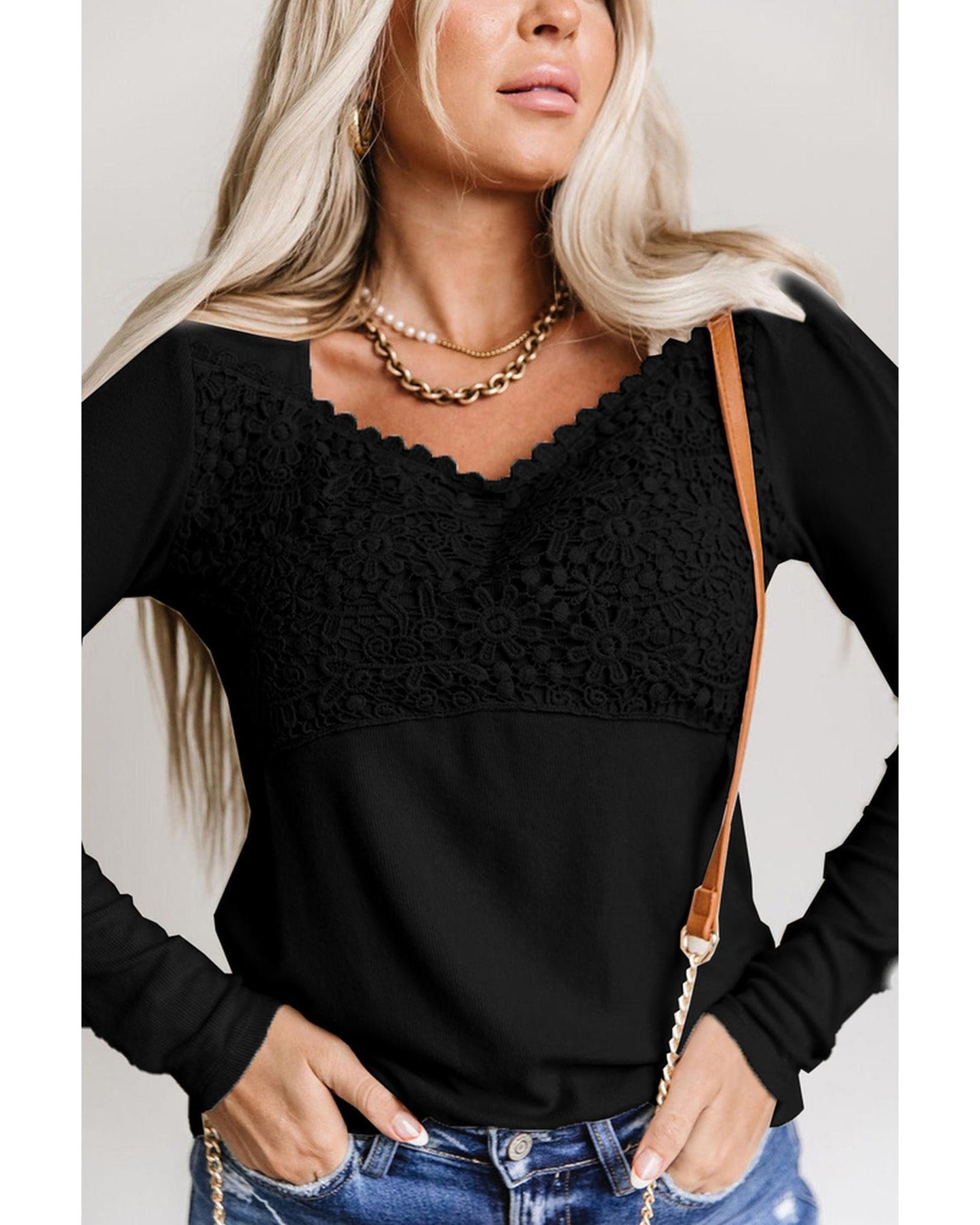 Azura Exchange Lace Crochet V Neck Top - XL