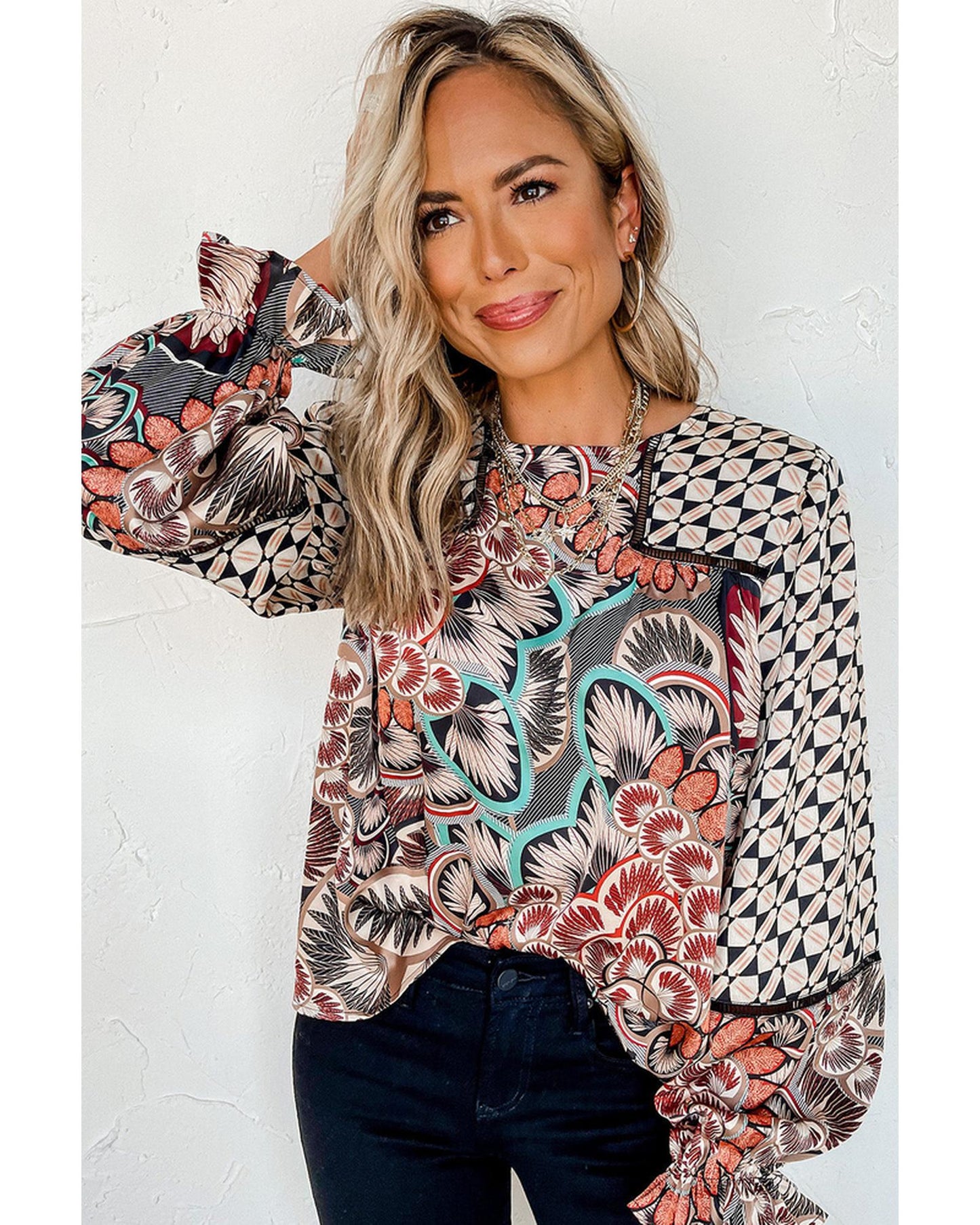 Azura Exchange Mixed Floral Geometric Print Ruffled Blouse - M