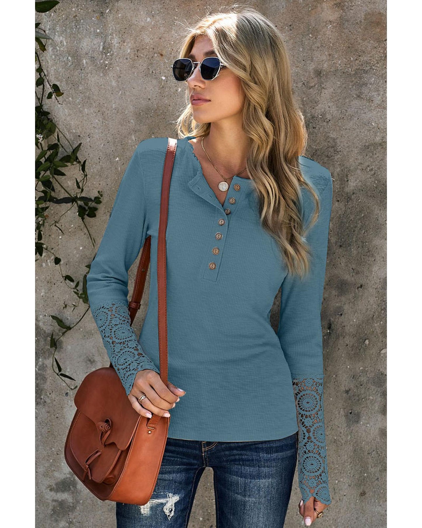 Azura Exchange Lace Hem Sleeve Button Top - XL