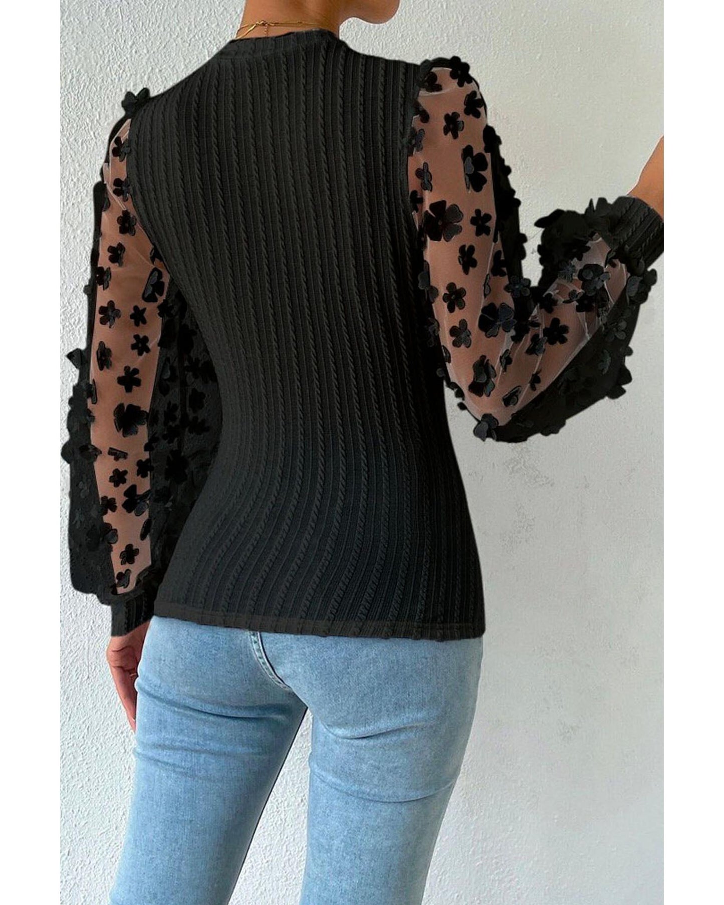 Azura Exchange Textured Knit Blouse with Floral Applique Mesh Sleeves - L