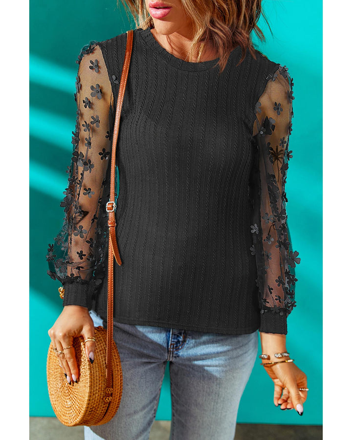 Azura Exchange Textured Knit Blouse with Floral Applique Mesh Sleeves - M