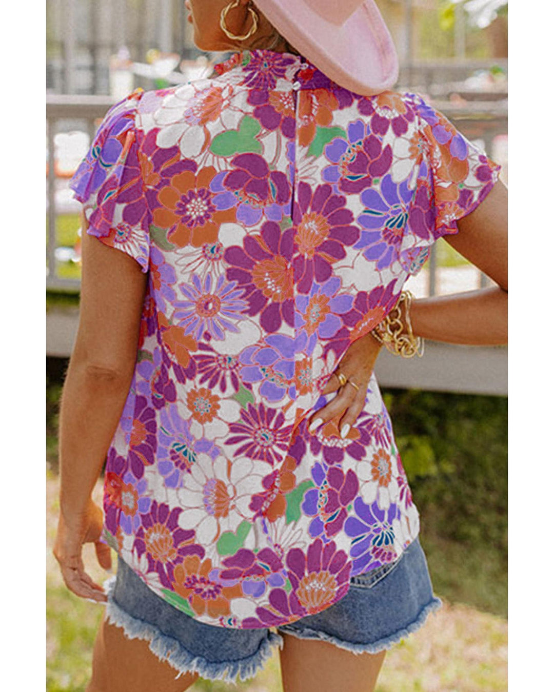 Azura Exchange Flutter Sleeves Floral Top with Stand Collar - XL