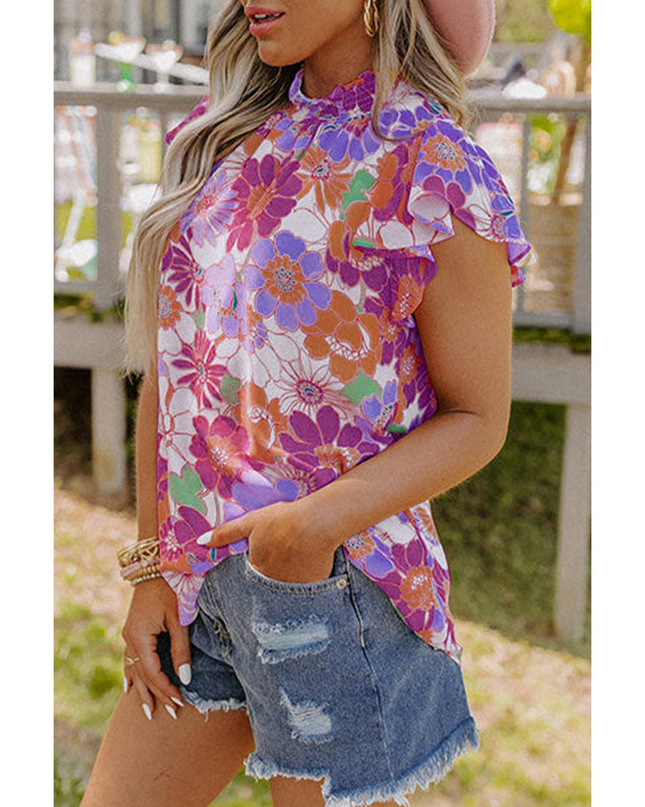 Azura Exchange Flutter Sleeves Floral Top with Stand Collar - XL