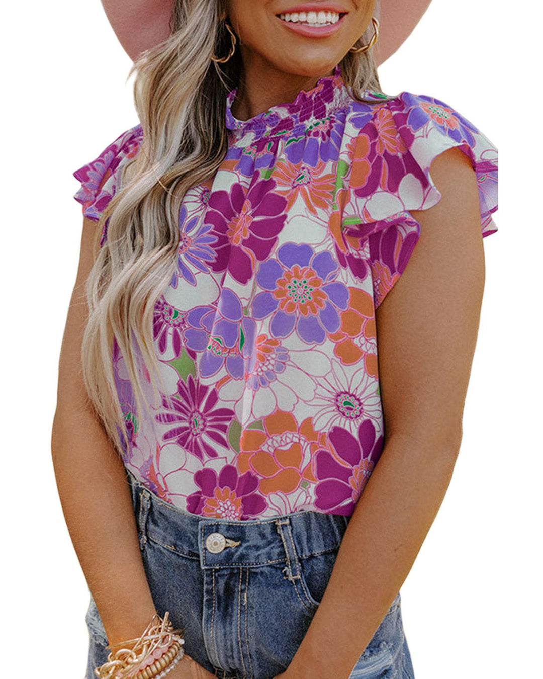 Azura Exchange Flutter Sleeves Floral Top with Stand Collar - XL