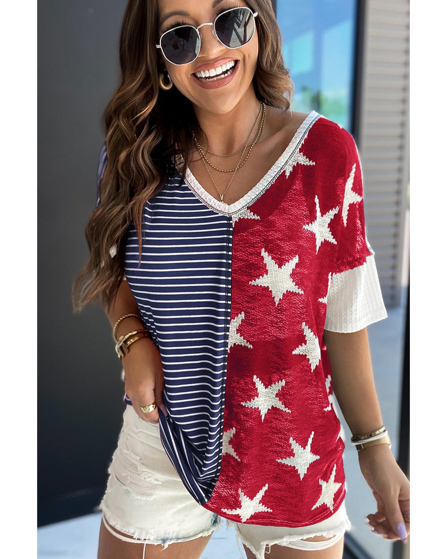 Azura Exchange Stripes Stars Print Knit Short Sleeves Top - S