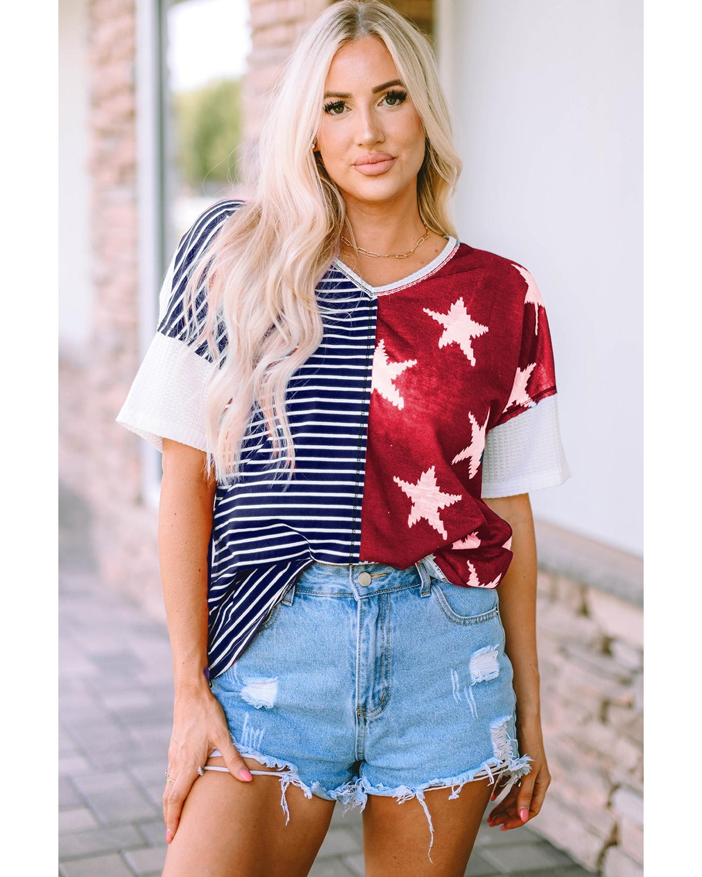 Azura Exchange Stripes Stars Print Knit Short Sleeves Top - S