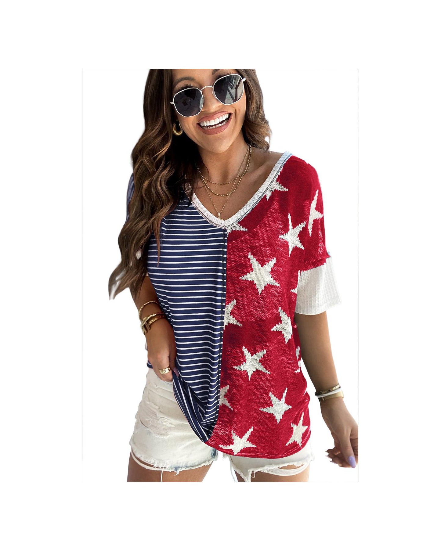 Azura Exchange Stripes Stars Print Knit Short Sleeves Top - S