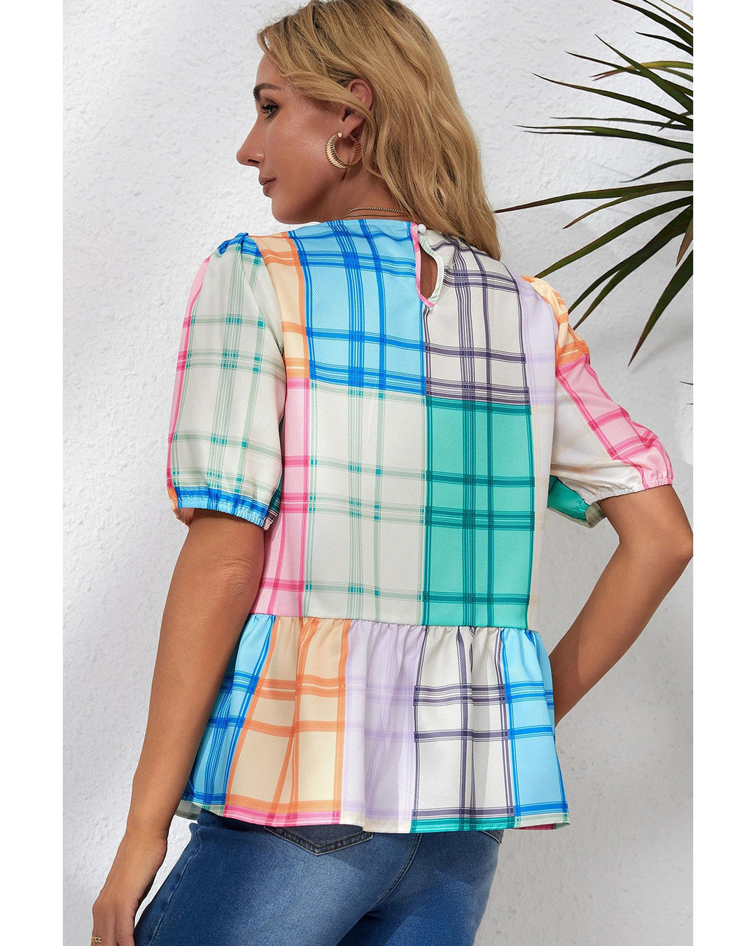 Azura Exchange Bold Plaid Color Block Puff Sleeve Peplum Top - XL