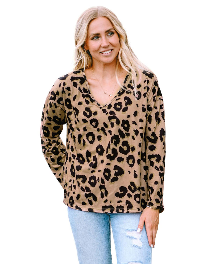 Azura Exchange Leopard Print V Neck Long Sleeve Top - M