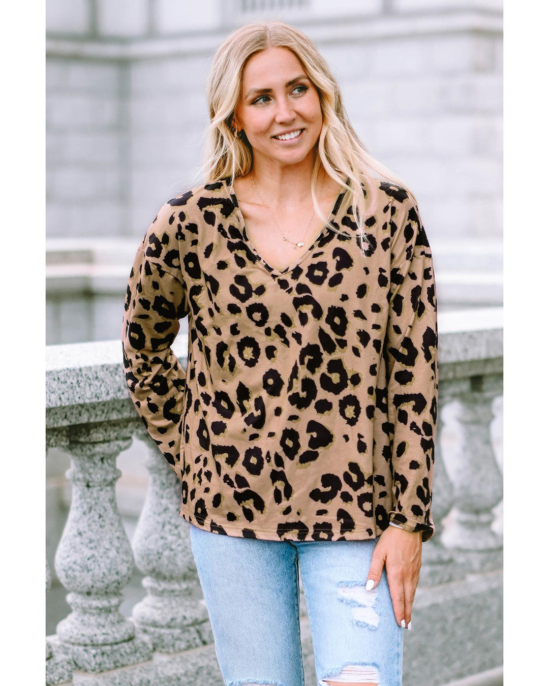 Azura Exchange Leopard Print V Neck Long Sleeve Top - M