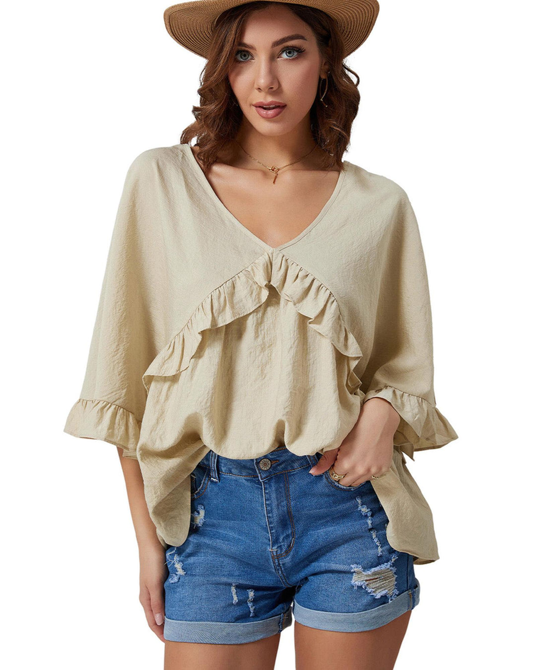 Azura Exchange Draped Batwing Sleeve Ruffle Top - M