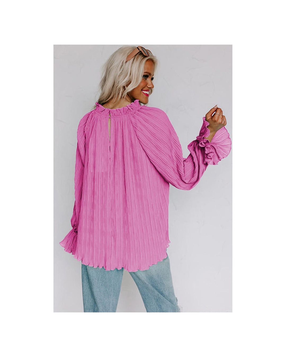 Azura Exchange Pleated Flared Cuff Long Sleeve Blouse - S