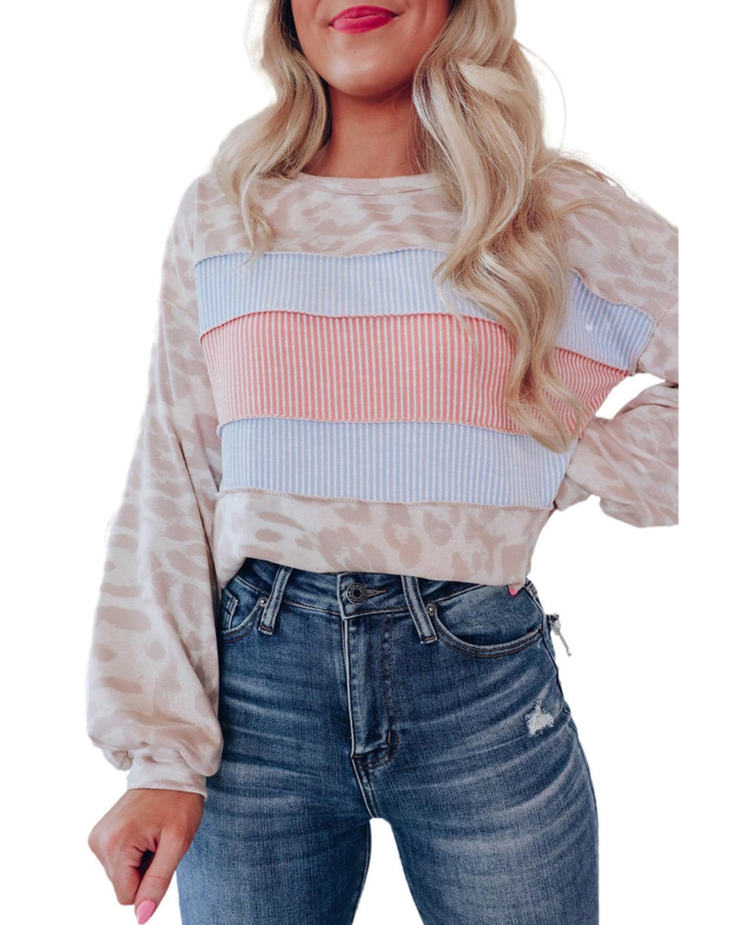 Azura Exchange Contrast Stripes Patchwork Puff Sleeve Knit Top - S