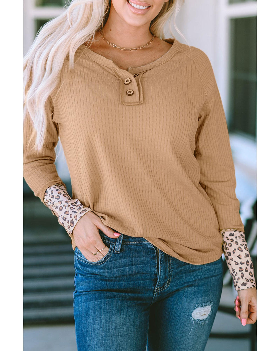 Azura Exchange Leopard Cuffs Ribbed Henley Top - S