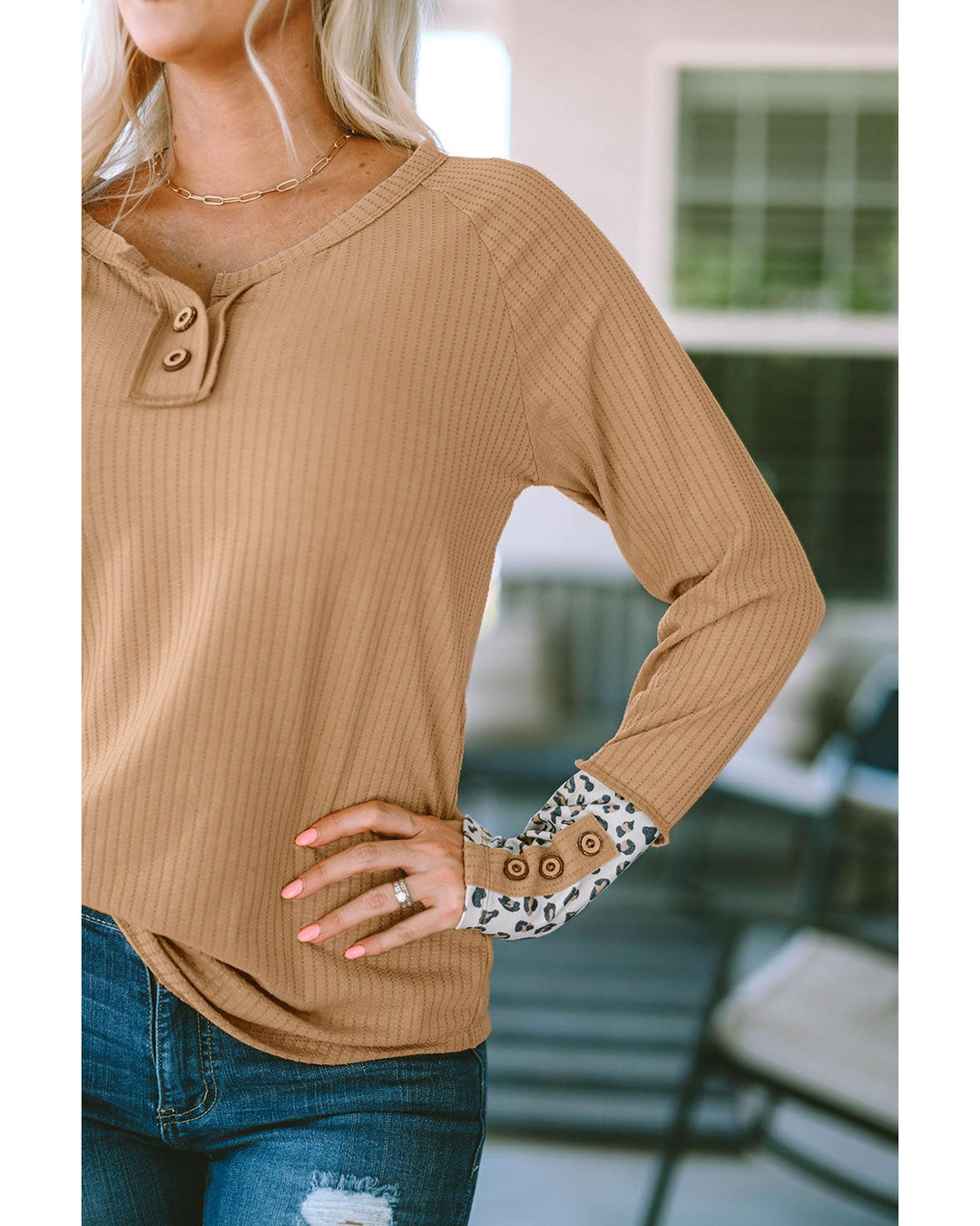 Azura Exchange Leopard Cuffs Ribbed Henley Top - S