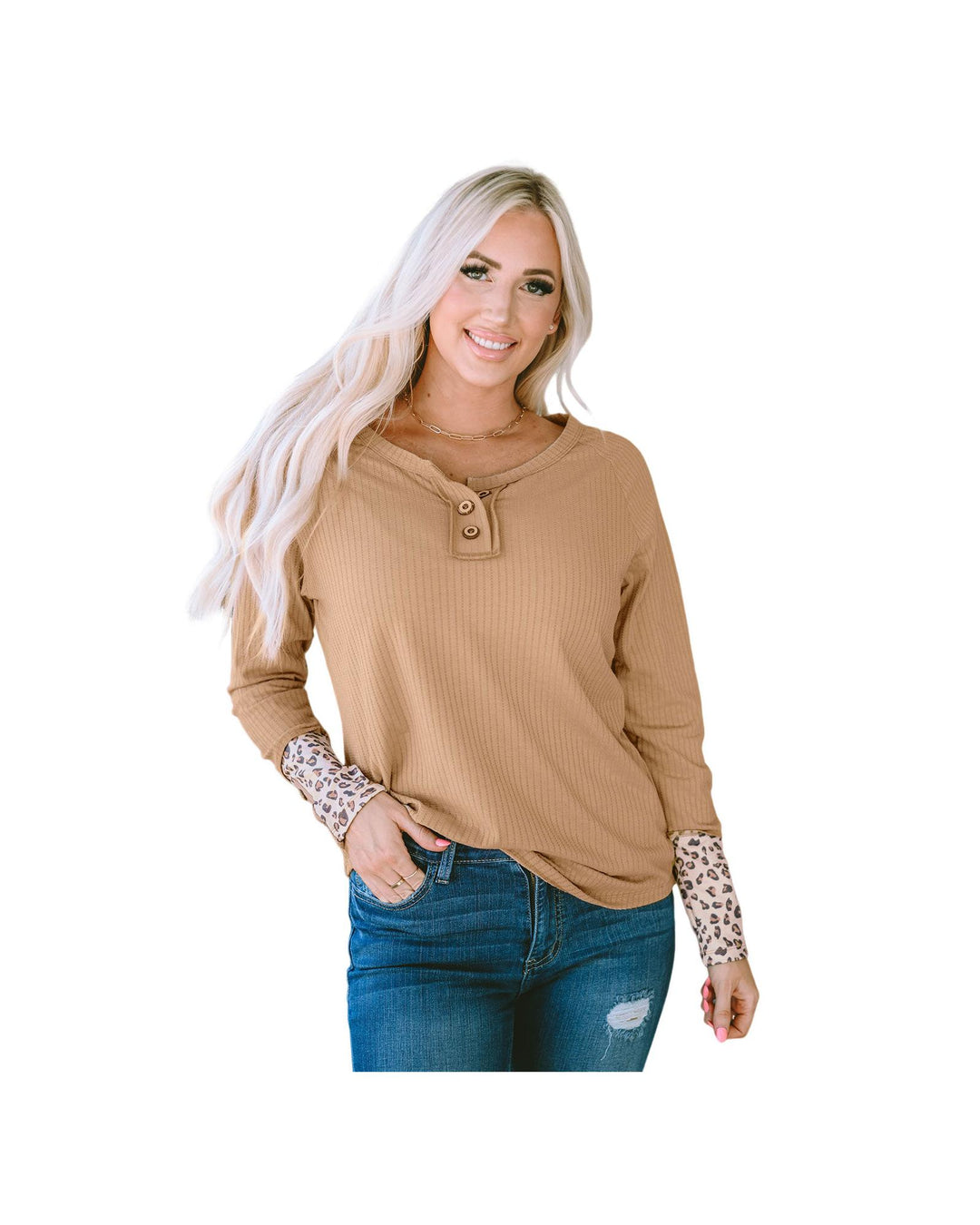 Azura Exchange Leopard Cuffs Ribbed Henley Top - S