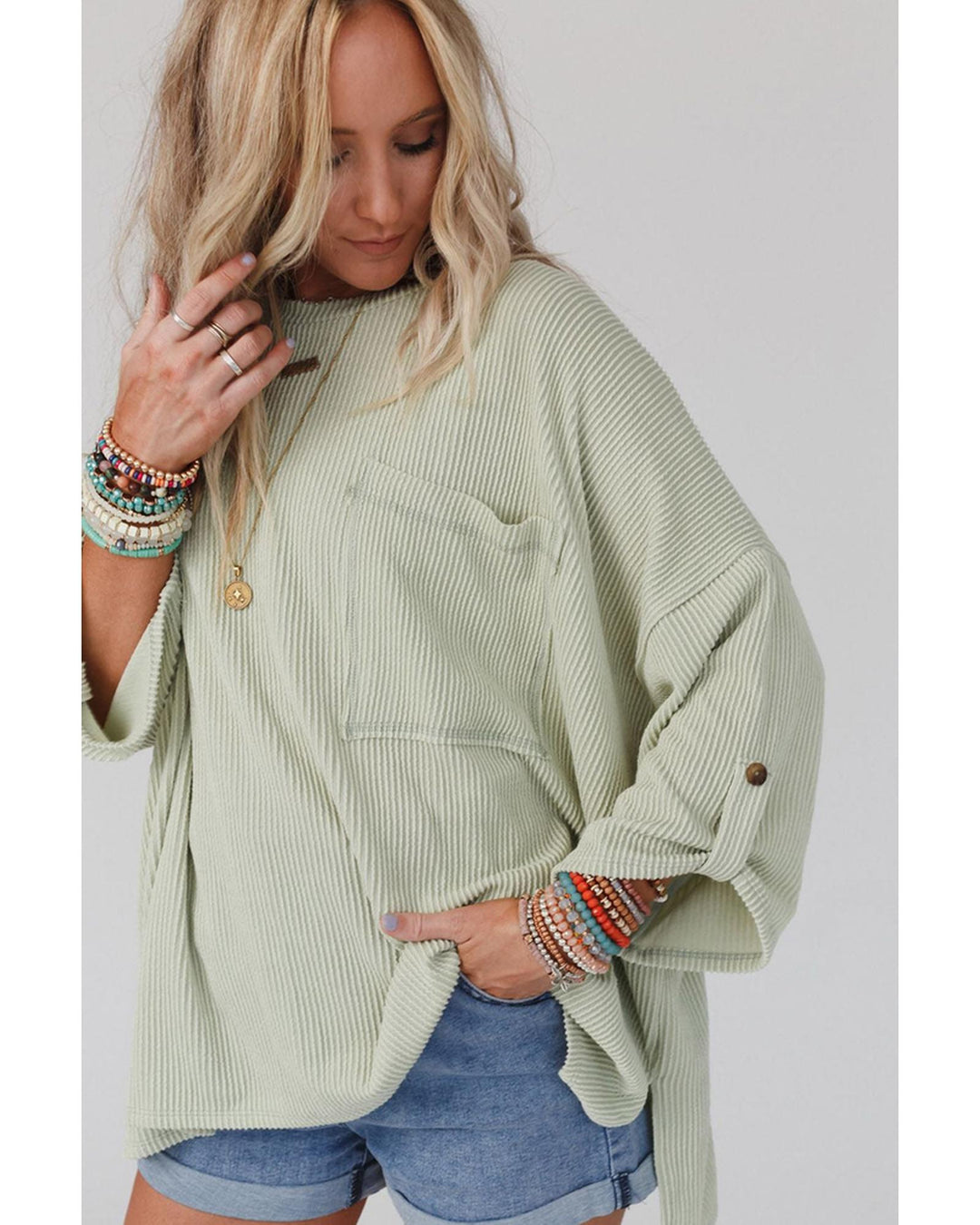 Azura Exchange Oversize Ribbed Roll-tab Sleeve Top - M