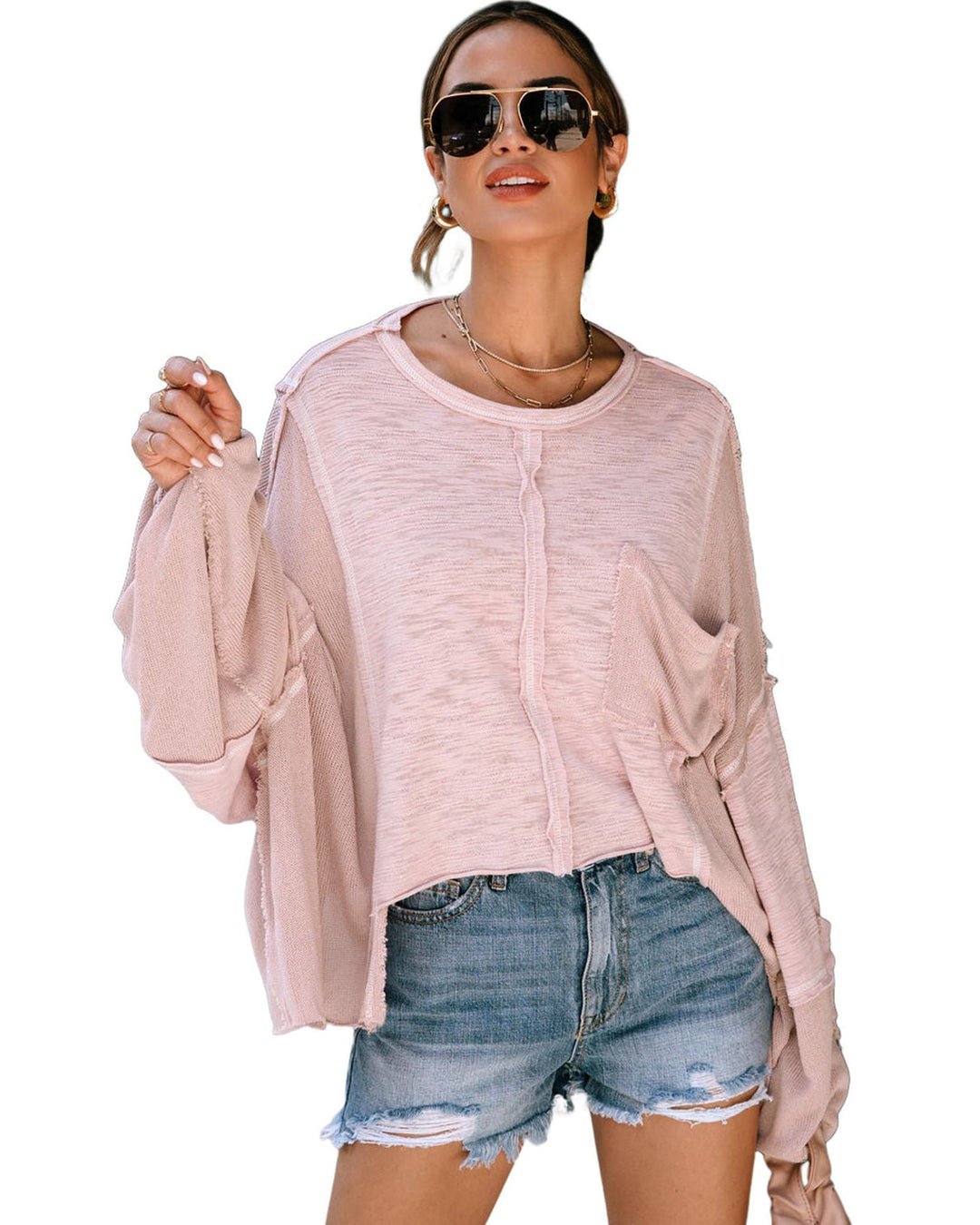 Azura Exchange Loose Sleeve Oversized Top with Exposed Seam Chest Pocket - M