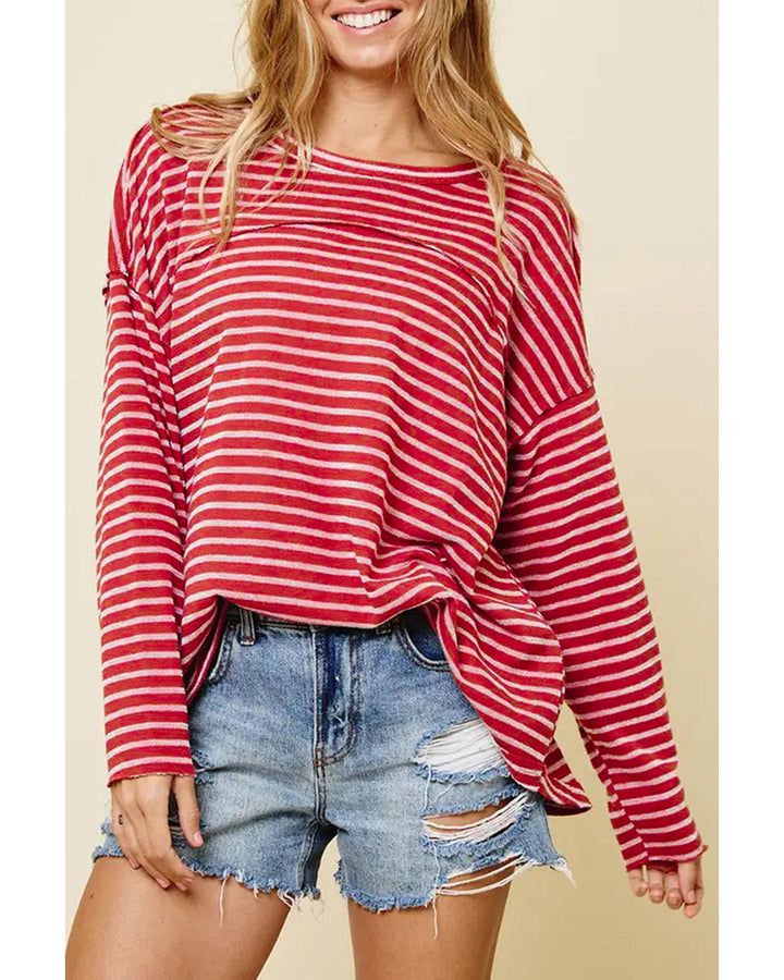 Azura Exchange Striped Drop Shoulder Long Sleeve Top - L