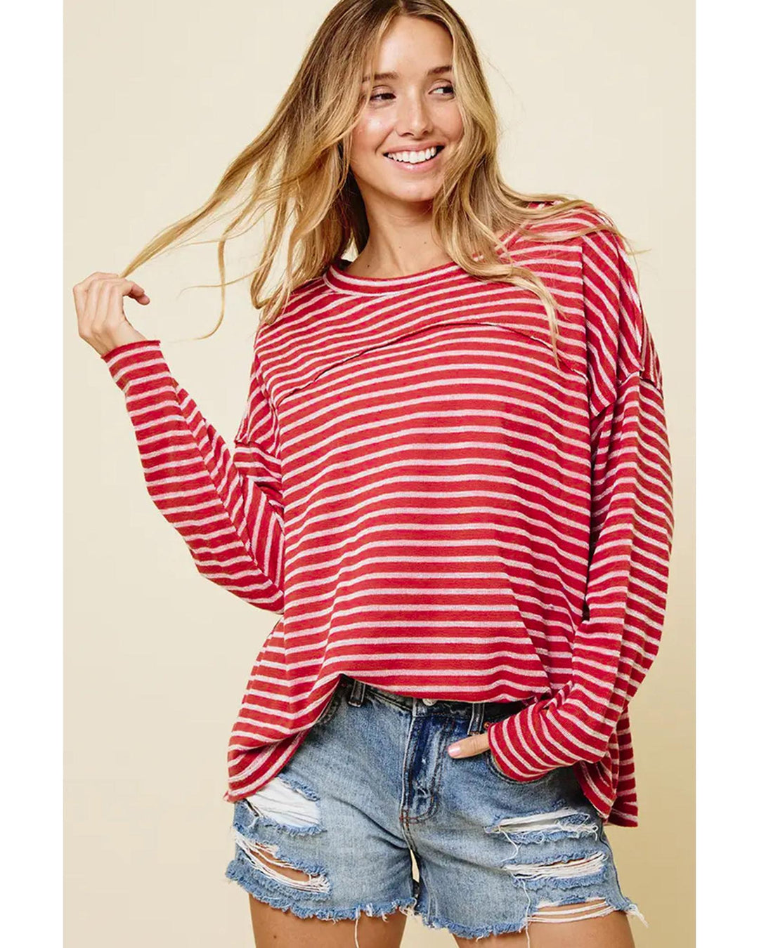 Azura Exchange Striped Drop Shoulder Long Sleeve Top - L