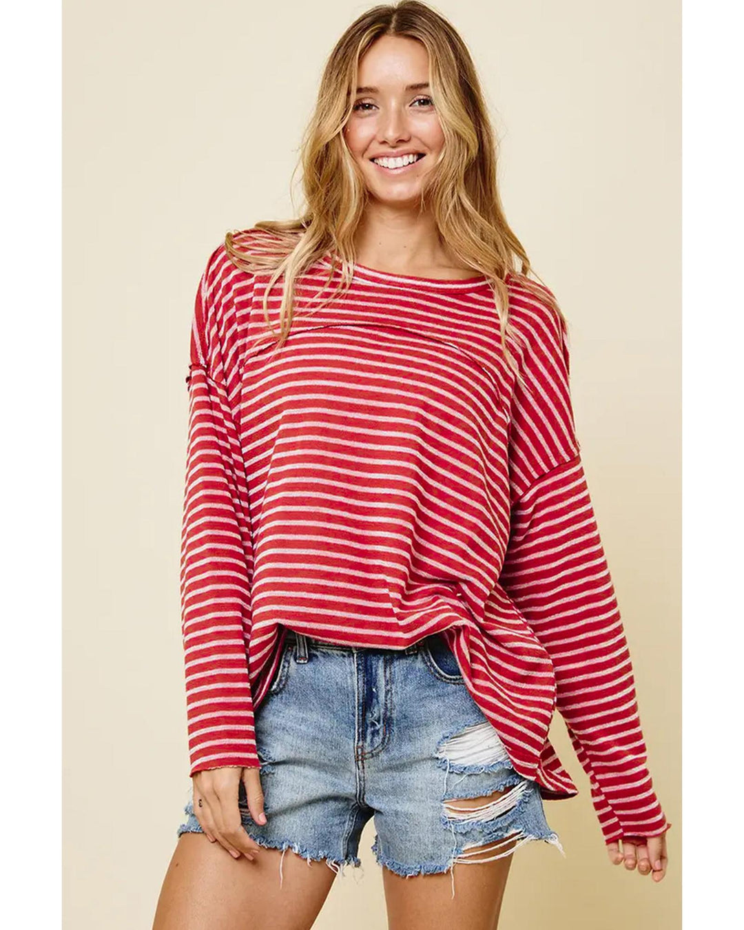 Azura Exchange Striped Drop Shoulder Long Sleeve Top - L