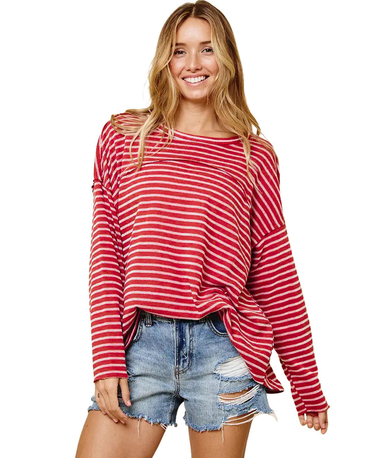 Azura Exchange Striped Drop Shoulder Long Sleeve Top - L