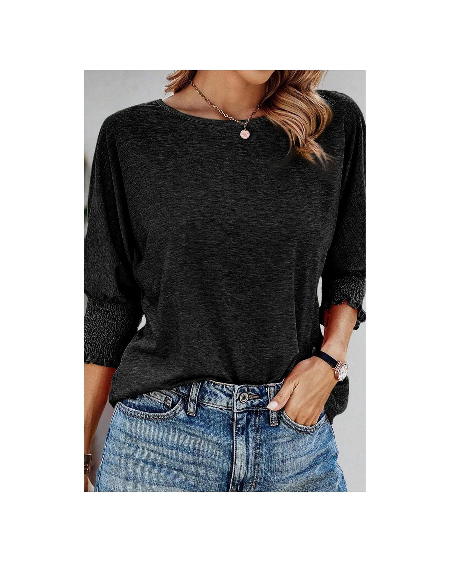 Azura Exchange Smocked 3/4 Sleeve Casual Loose Top - L