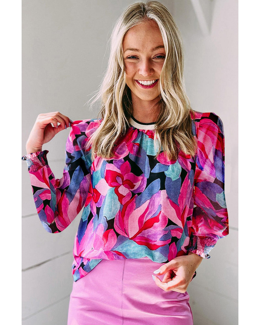 Azura Exchange Floral Print Ruched Sleeve Puff Sleeve Blouse - M