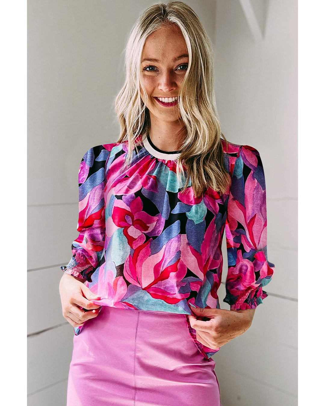 Azura Exchange Floral Print Ruched Sleeve Puff Sleeve Blouse - M