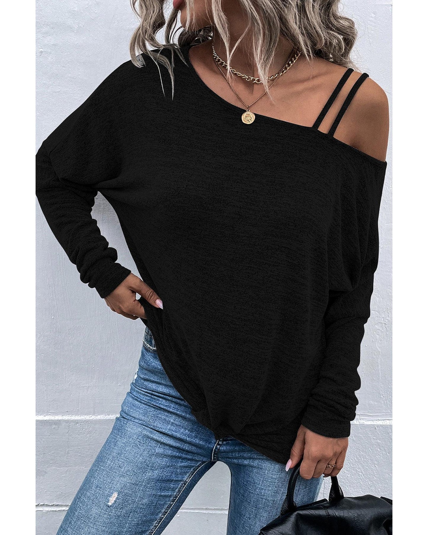 Azura Exchange Asymmetric Strappy Cold Shoulder Long Sleeve Top - M