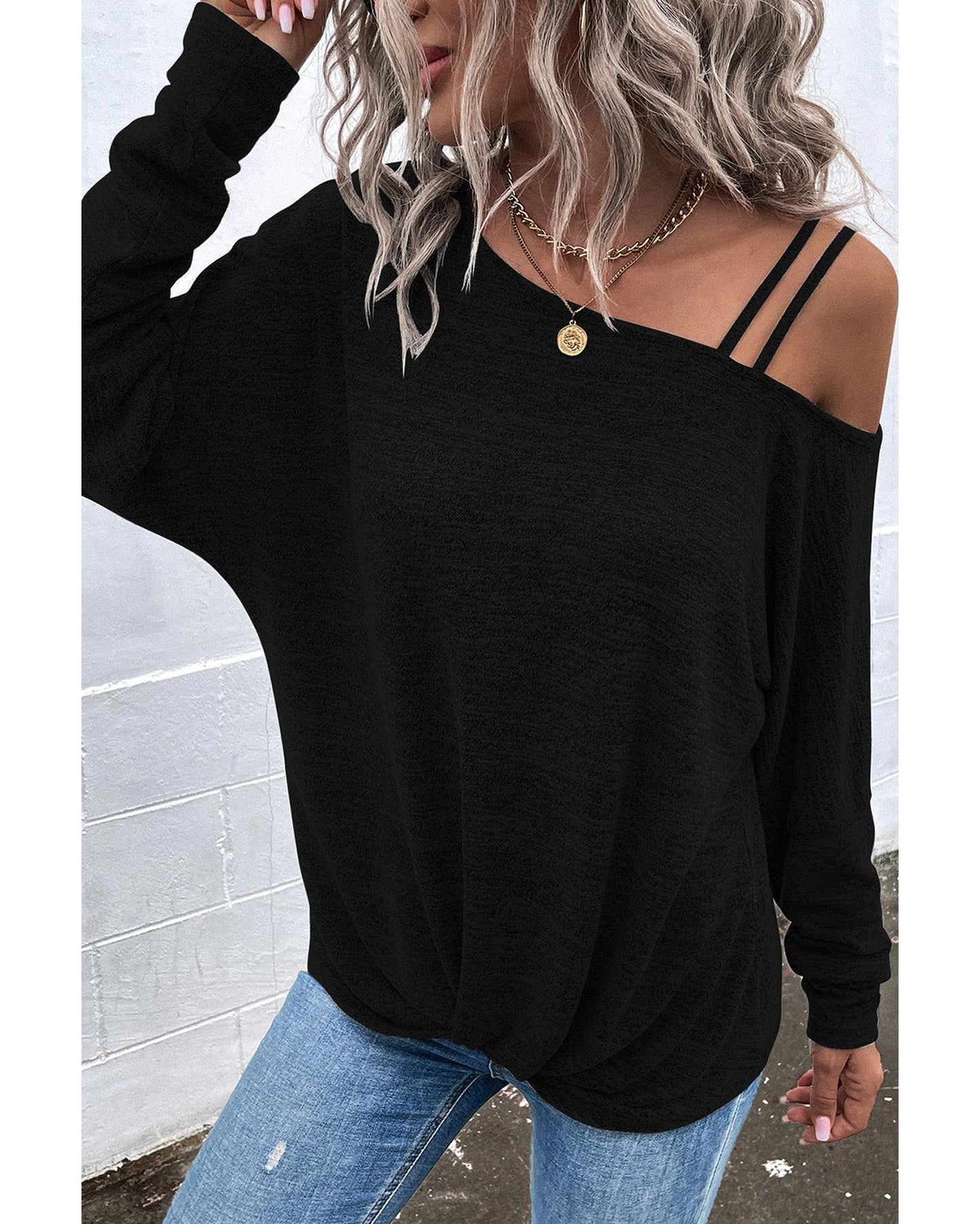 Azura Exchange Asymmetric Strappy Cold Shoulder Long Sleeve Top - M