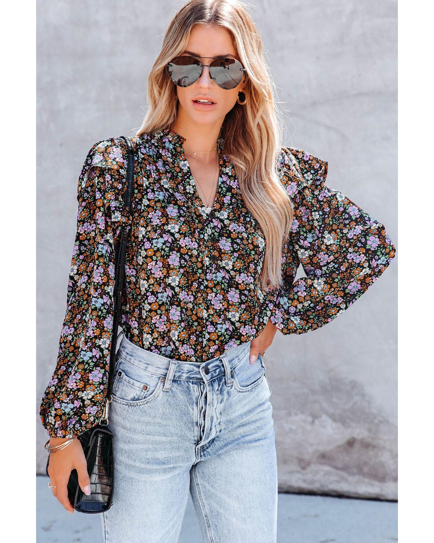 Azura Exchange Floral Print Ruffled Bubble Sleeve Shirt - M