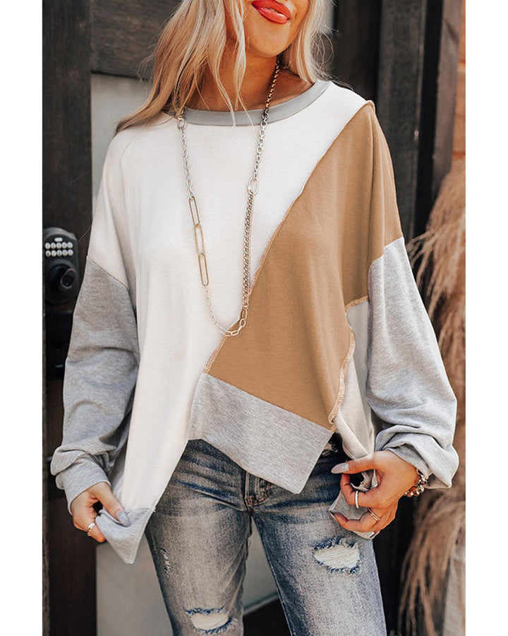 Azura Exchange Colorblock Stitching Irregular Hem Long Sleeve Top - L