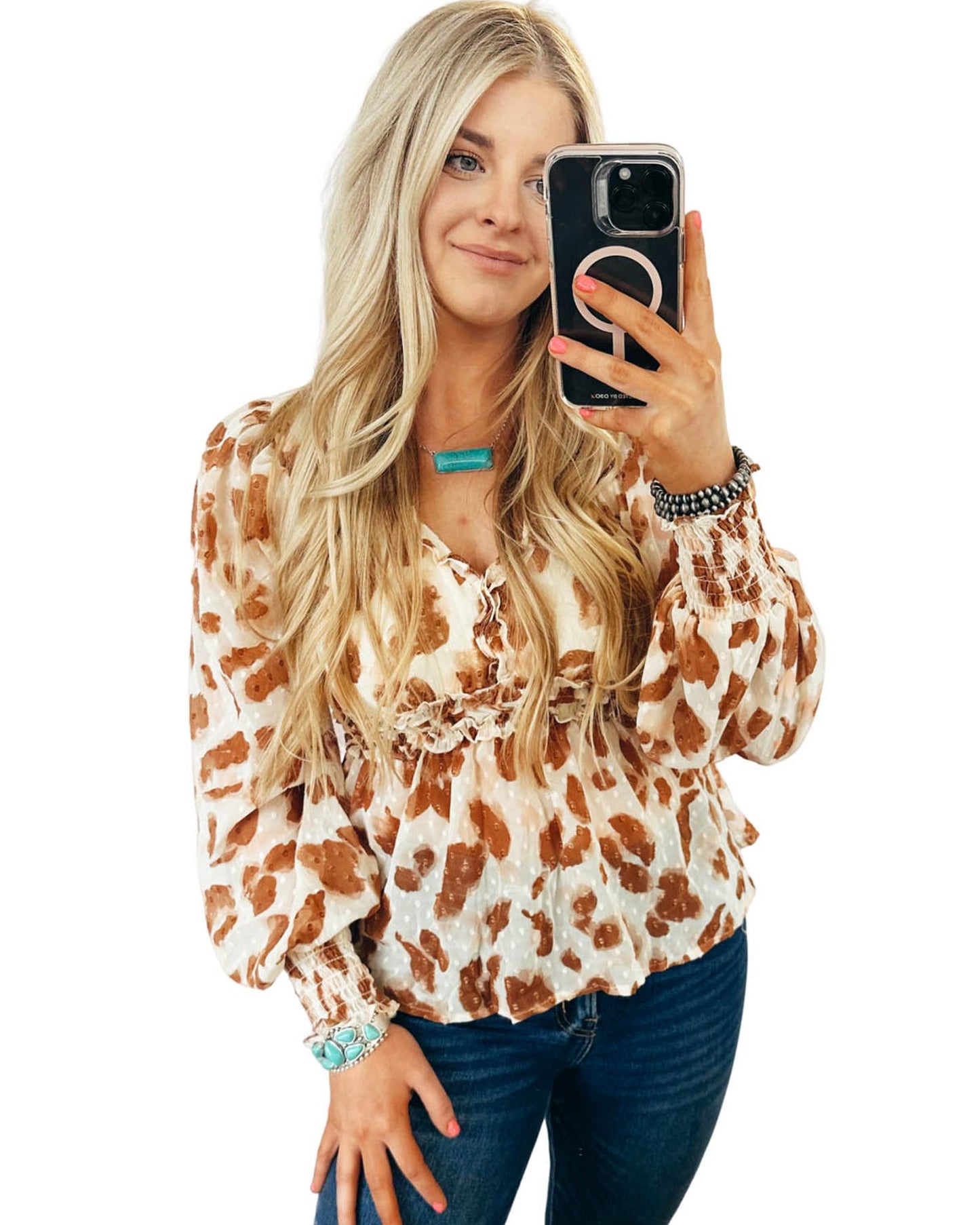 Azura Exchange Leopard Jacquard Puff Sleeve Peplum Blouse - XL