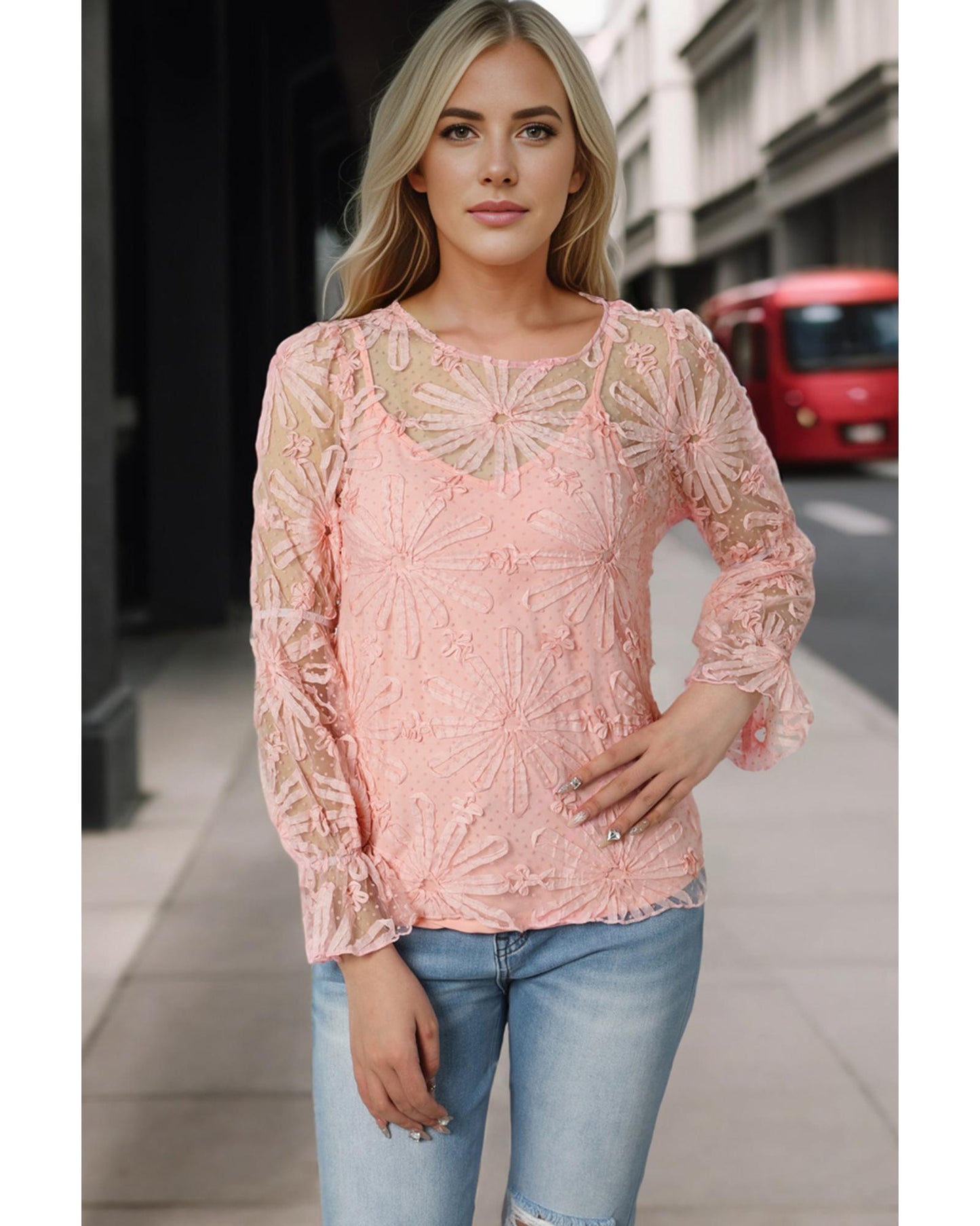 Azura Exchange Mesh Top with Ruffled Sleeves and Floral Detailing - M