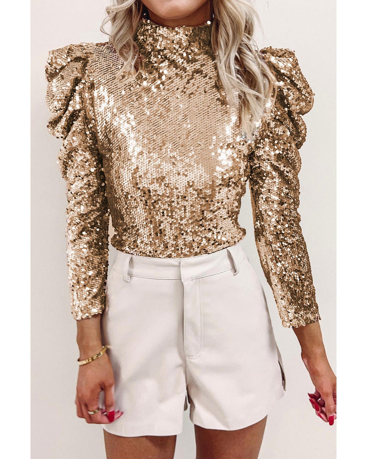 Azura Exchange Sequin Mock Neck Bubble Sleeve Top - M