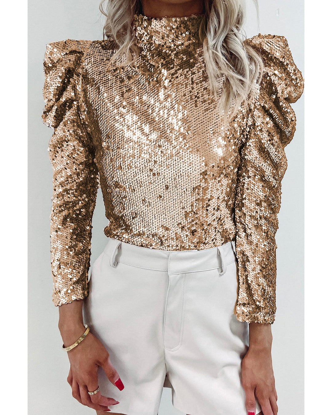 Azura Exchange Sequin Mock Neck Bubble Sleeve Top - M