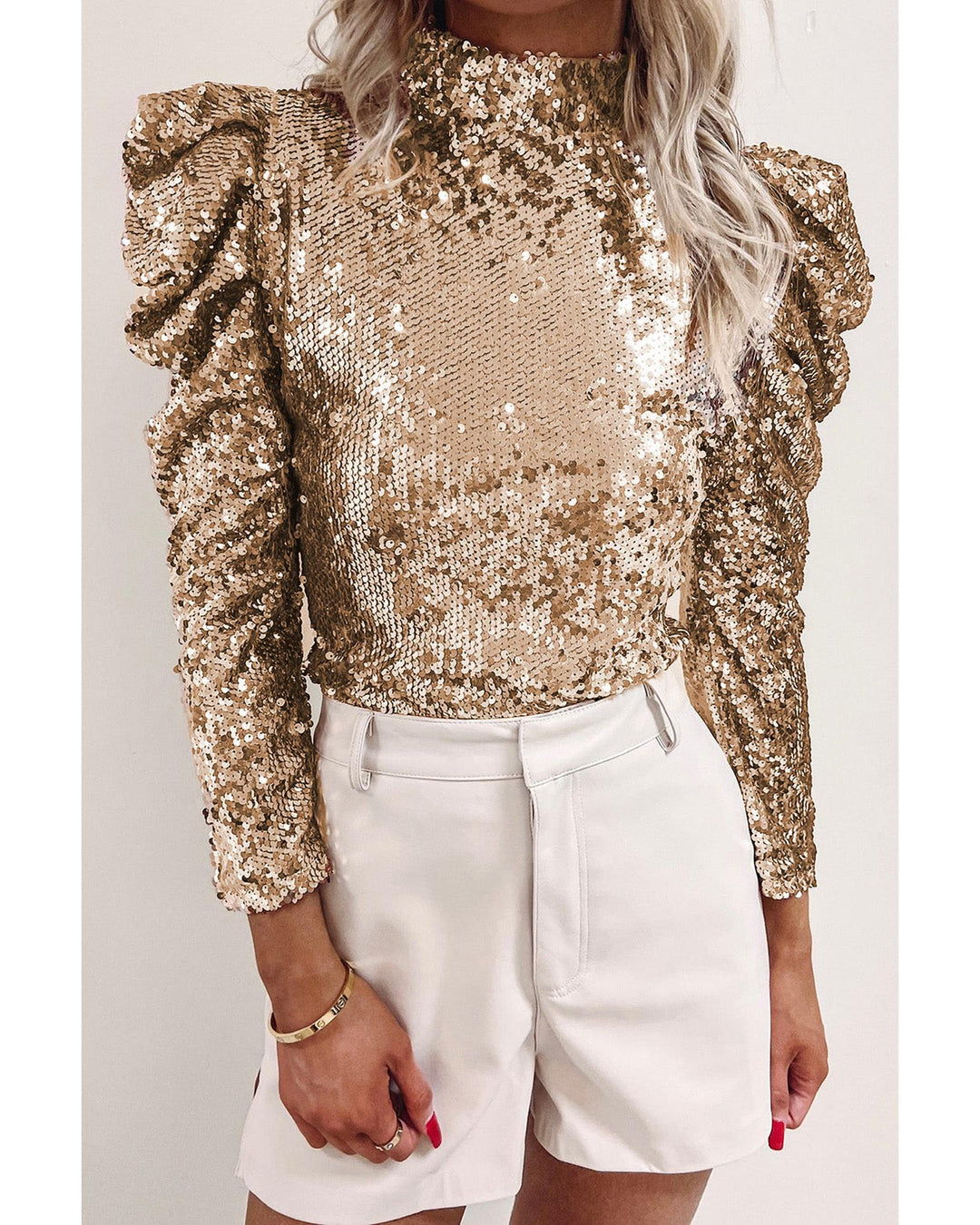 Azura Exchange Sequin Mock Neck Bubble Sleeve Top - M