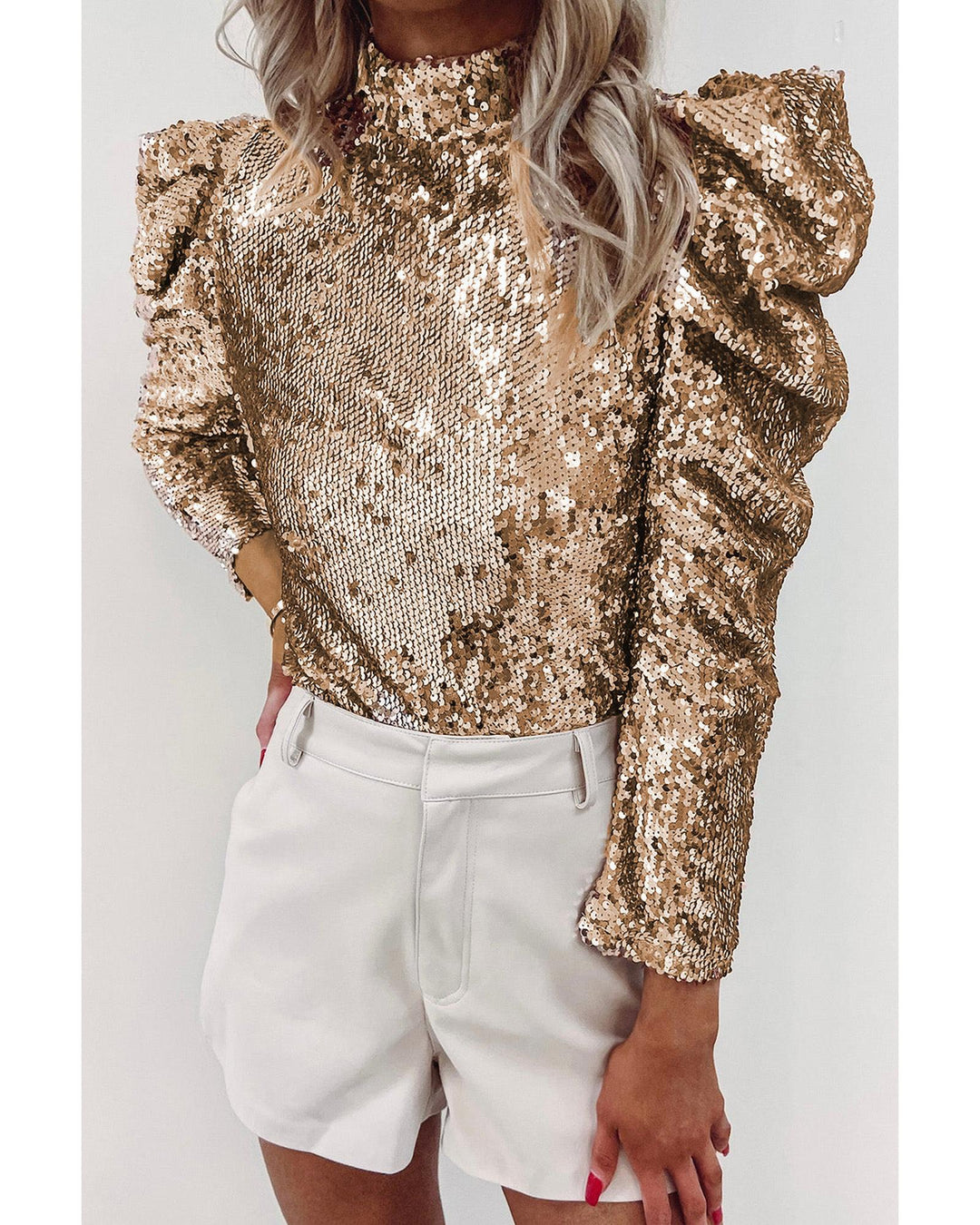 Azura Exchange Sequin Mock Neck Bubble Sleeve Top - M