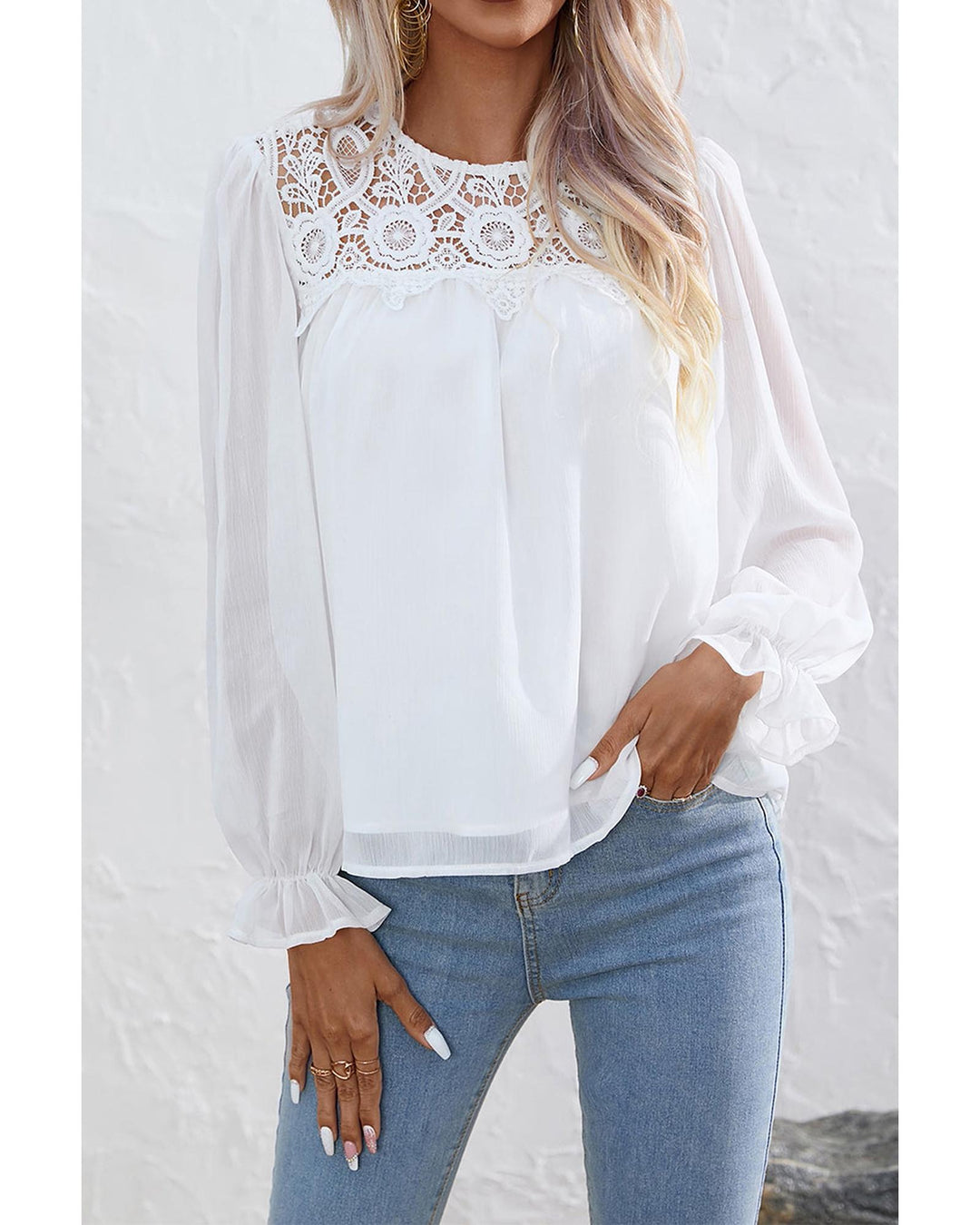 Azura Exchange Lace Patch Sheer Flounce Sleeve Blouse - L